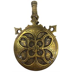 19th century Ottoman Empire copper and brass powder flask, of circular form with engraved and panelled decoration, L17cm 