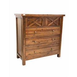 Contemporary hardwood chest, fitted with two short and three long drawers, raised on stile supports, retailed by Barker & Stonehouse, possibly Wallis & Gambier