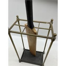 Late 19th century brass six division stick stand with drip tray 31cm x 20cm and a B. Warsop Marylebone cricket bat signed by W.R. Watkins (2)