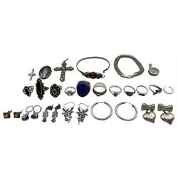 Collection of vintage silver including a large lapis lazuli ring, lockets, bangle, various other rings, together with a gilt metal micro mosaic cross pendant etc