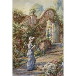 Eva Hollyer (British 1865-1948): A Young Lady Picking Flowers, watercolour signed 56cm x 37cm