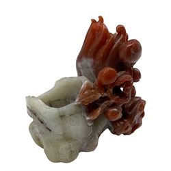 Chinese red and white Carnelian agate vase pierced and carved with a fruiting tree with peaches on a gnarled base H13cm x W12cm