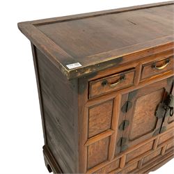 Korean elm and pine morijang or chest, fitted with four drawers over double cupboard, with metal mounts, raised on shaped bracket feet