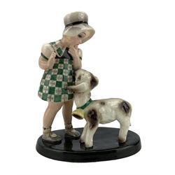 1930s Goldscheider pottery figure group modelled as a young girl wearing a green chequered dress looking down towards a lamb at her feet, black printed marks and numbered 67 47  2 36 20, H17.5cm 
