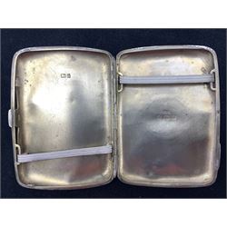 Engraved silver cigarette case Birmingham1900 2.6oz, silver and tortoiseshell heart shape ring box, six silver mounted manicure implements and two small glass jars with silver covers