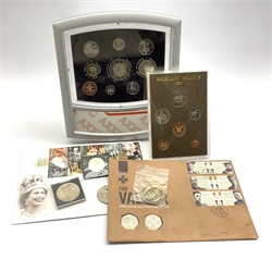 Isle of Man 1980 Christmas fifty pence coin, Queen Elizabeth II 2003 'The Coronation Anniversary' five pound coin cover, 'For Valour 150th anniversary of the Victoria Cross' two-coin fifty pence cover, 1980 'Proof Coinage of the Falkland Islands' etc