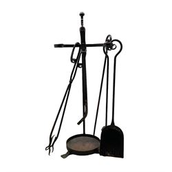 20th century wrought iron fire tidy comprising shovel, tongs, brush and poker