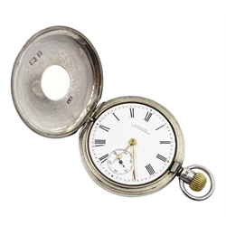Silver half hunter keyless lever Traveller pocket watch by Waltham U.S.A, No. 11080593, white enamel dial with Roman numerals and subsidiary seconds dial, Birmingham 1900