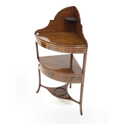 Georgian mahogany bow front wash stand, raised shaped back with open shelf over fitted panel covering washbowl recesses, one drawer under, raised on slender splayed supports, with boxwood stringing throughout 