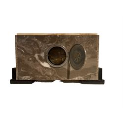 G.Blond - French Art Deco 8-day marble cased mantle clock, in a rectangular case with panels of contrasting variegated marble, with a conforming rectangular chrome bezel, silvered dial with Arabic numerals and baton hands, two train count wheel movement striking the hours on a bell. With key and pendulum.