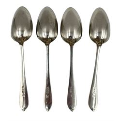 Set of six Edwardian silver bright cut Celtic point pattern table spoons, three table forks, four dessert spoons and forks, engraved with initial London 1903 Maker Josiah Williams & Co