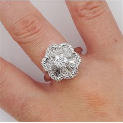 18ct white gold tapered baguette and round brilliant cut diamond flower head cluster ring, hallmarked, total diamond weight approx 1.55 carat