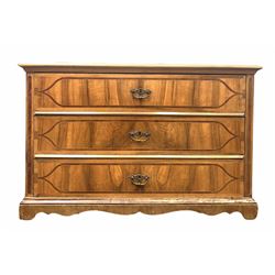 Continental inlaid walnut chest fitted with three long drawers, W128cm, H82cm, D63cm