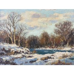 John D Henderson (Scottish 20th century): 'Snow at Waterfoot', oil on board signed, titled verso 21cm x 28cm