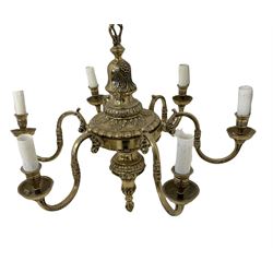 20th century brass six light chandelier with S scroll branches and acanthus leaf cast decoration, W72cm approx