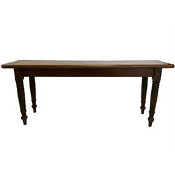 Victorian mahogany hall bench, rectangular top with rounded corners, raised on ring turned tapering supports