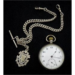 Early 20th century keyless Swiss lever pocket watch, white enamel dial with Arabic numerals, case by Dennison, Birmingham 1926, with a silver tapering double Albert chain by Herbert Bushell & Son Ltd, Birmingham 1915 and silver fob