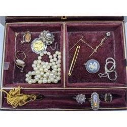 Gold children's signet ring, gold bar brooch and a pair of gold cubic zirconia stud earrings, all 9ct stamped or tested, silver medallion, cultured pearl necklace and collection of vintage and later costume jewellery, in red velvet lined tooled leather jewellery box with key