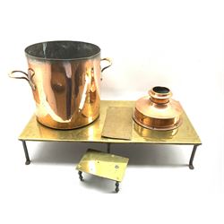 19th century brass and wrought iron footman, large 19th/ early 20th century copper twin-handled cylindrical pan, small trivet and other metalware 