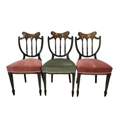 Pair of Edwardian rosewood salon chairs, raised on peg feet with castors, together with three standard chairs of similar design  