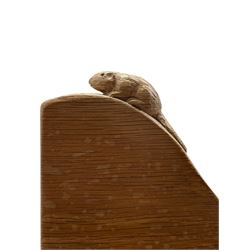 'Beaverman' adzed oak book trough, shaped end supports carved with beaver signature, by Colin Almack of Sutton-under-Whitestonecliffe