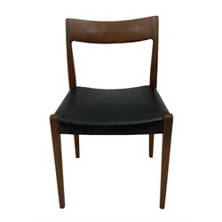 Yngve Ekström for Troeds - set of six mid-20th century teak Swedish 'Kontiki' dining chairs, carved cresting rail over black vinyl upholstered seat, on square tapering supports