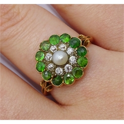 Edwardian gold demantoid garnet, diamond and pearl ring, stamped 18ct, makers mark T & C 
