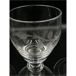 18th century ale glass with flared conical bowl and teardrop stem on circular folded foot H16.5cm, 18th century style ale glass with opaque twist stem, three 18th century wine glasses each engraved with Jacobite style rose on a thorny stem, and  another wine glass (6)