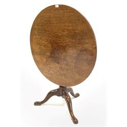 George III mahogany tilt top table, circular top raised on turned column and three splayed supports with pad feet D87cm, H73cm