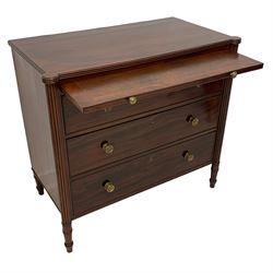 Attributed to Gillows - Regency mahogany chest, reed moulded rectangular top with extending circular terminals, fitted with brushing slide over three drawers enclosed by reeded upright columns, with circular pressed brass handles, on collar turned feet