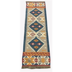 Flat weave Kilim runner rug, with three geometric lozenge medallions on beige field, 260cm x 81cm