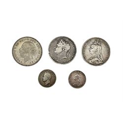George IV 1821 crown, Queen Victoria 1889 crown, King George V 1935 crown and two shillings dated 1826 and 1887 