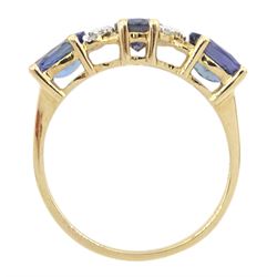 9ct gold three stone oval tanzanite ring, with diamond accents, hallmarked 