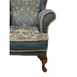 Pair early 20th century Queen Anne design upholstered wingback armchairs 