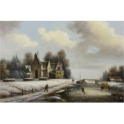 R A Seltzer (Continental 20th century): Figures Skating on Frozen Lake by Church, oil on canvas signed 60cm x 90cm
