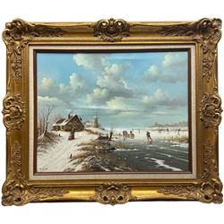 Continental School (20th century): Skating on a Frozen Dutch River, oil on canvas signed 'K Keijzer' 39cm x 50cm 