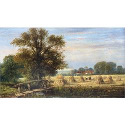 English School (Late 19th century): Summer Haystacks, oil on board unsigned 18cm x 30cm