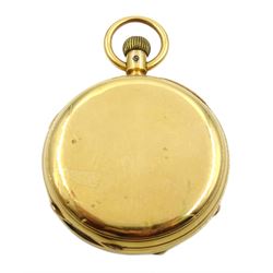 Victorian 18ct gold open face, keyless English lever chronograph pocket watch by William Ehrhardt, London, No. 202903, white enamel dial with Roman numerals, outer seconds track numbered 25-300, Birmingham 1890