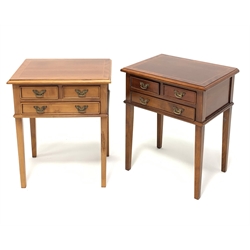 Pair mahogany lamp tables, rectangular moulded top over three drawers, on square tapering supports, W45cm, H54cm, D35cm