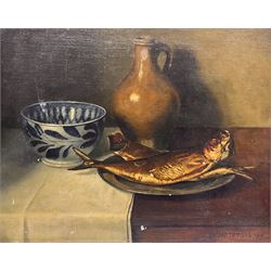 Adriaan Timmers (Dutch 1886-1952): Still Life of Fish with Jug and Bowl, oil on canvas signed and dated 1930, 39cm x 49cm