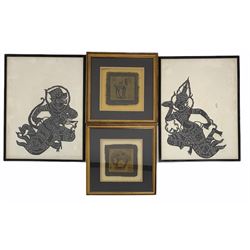 Yu Yuen Hong (Chinese 20th century): Tang Horse Standing and Tang Horse Bucking, pair limited edition grass fibre etchings 10/2000 and 40/2000 respectively together with pair framed Thai Shadow Puppets max 40cm x 30cm (4)
