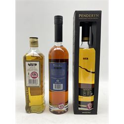 Three bottles of Whisky comprising Penderyn Single Malt Welsh Whisky, Madeira 70cl, 46% vol.,  Penderyn Single Malt Whisky, Portwood, 70cl, 41% vol. and Bushmills Irish Whisky 40% vol. 70cl. (3)
