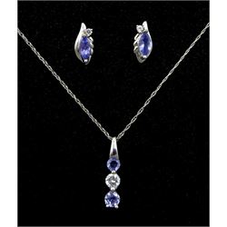 Pair of 9ct white gold tanzanite and cubic zirconia stud earrings and a similar 9ct white gold pendant necklace