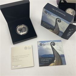 Four The Royal Mint United Kingdom 2017 silver proof piedfort five pound coins, comprising 'The Sapphire Jubilee of Her Majesty The Queen', 'The 1000th Anniversary of the Coronation of King Canute', 'The Centenary of the House of Windsor' and 'The Platinum Wedding Anniversary', all cased with certificates (4)