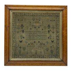 Victorian needlework sampler Elizabeth Chaplin Aged 9 Years, dated 1859, worked with birds, pair of dogs, trees, urn of flowers and religious verse 'There is a path that Leads to God all others lead astray narrow but pleasant is the road and Christians love the way', in birdseye maple frame with gilt slip,  30.5cm x 31.5cm 