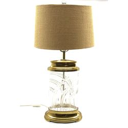 20th century cut glass and brass table lamp of flattened oval form with shade, overall H78cm 