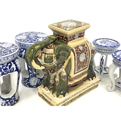 Modern Oriental elephant  jardiniere stand H52cm and two pairs of blue and white vase stands