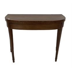 Mahogany fold over tea table with satin wood inlay, raised on square tapering supports 