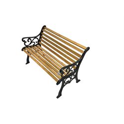 Black painted cast iron and wood slated garden bench 