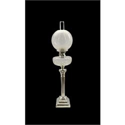 Edwardian silver-plated Corinthian column table lamp on square stepped base with cut glass reservoir and etched glass globular shade, H78cm overall